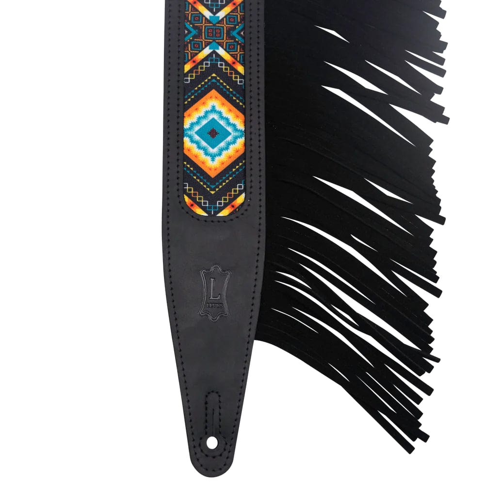 Levy's 2.5" Crazy Horse Leather Guitar Strap Black w/Fringe Detail and Western Print Accessories / Straps