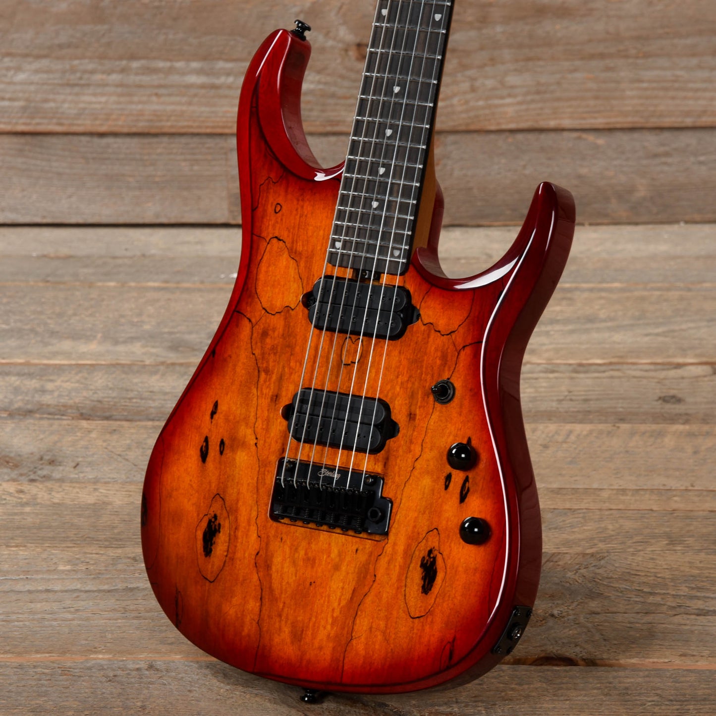 Sterling by Music Man JP157D John Petrucci 7-String Spalted Maple Blood Orange Burst