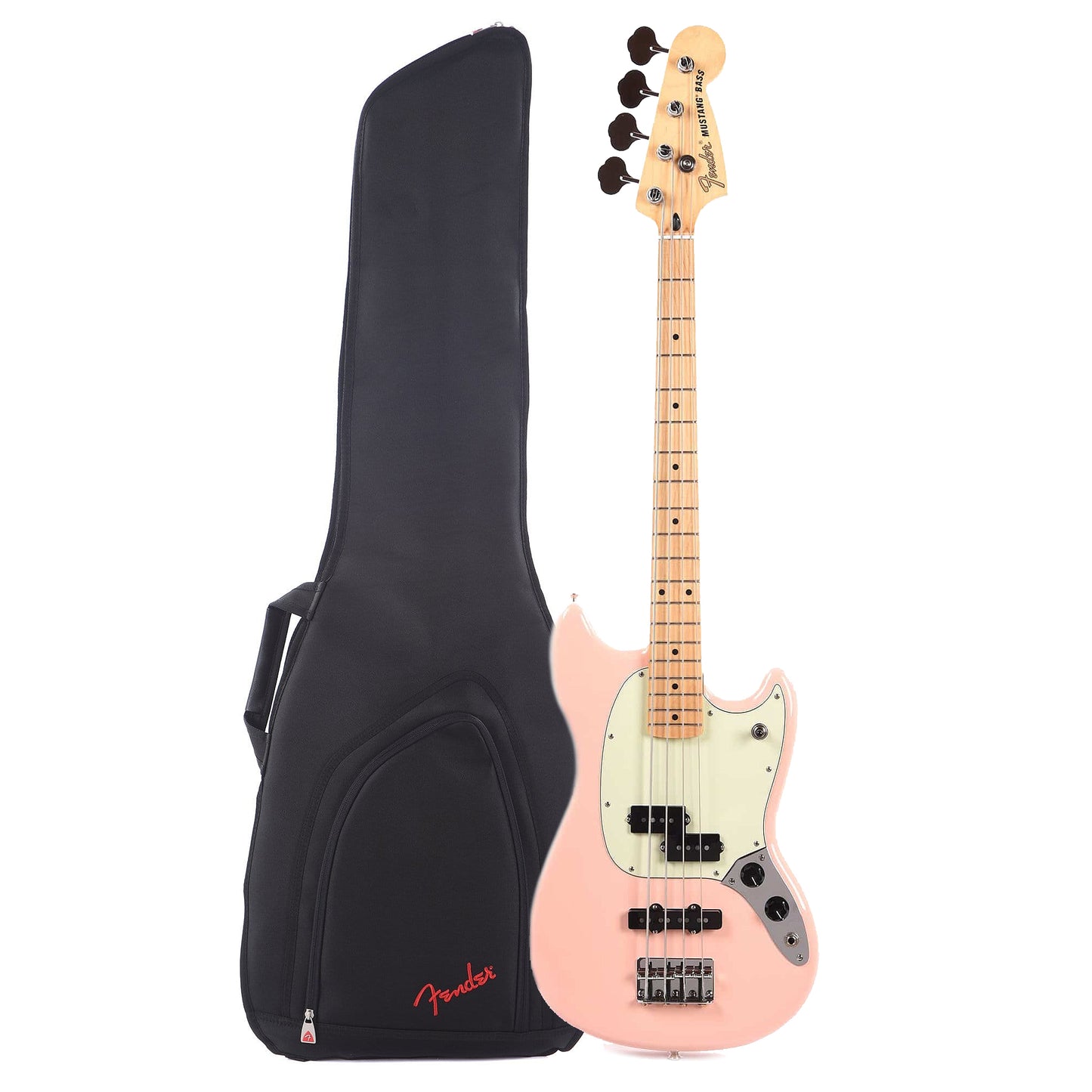 Fender Player Mustang Bass PJ MN Shell Pink w/3-Ply Mint Pickguard and FBSS-610 Short Scale Bass Gig Bag Bundle