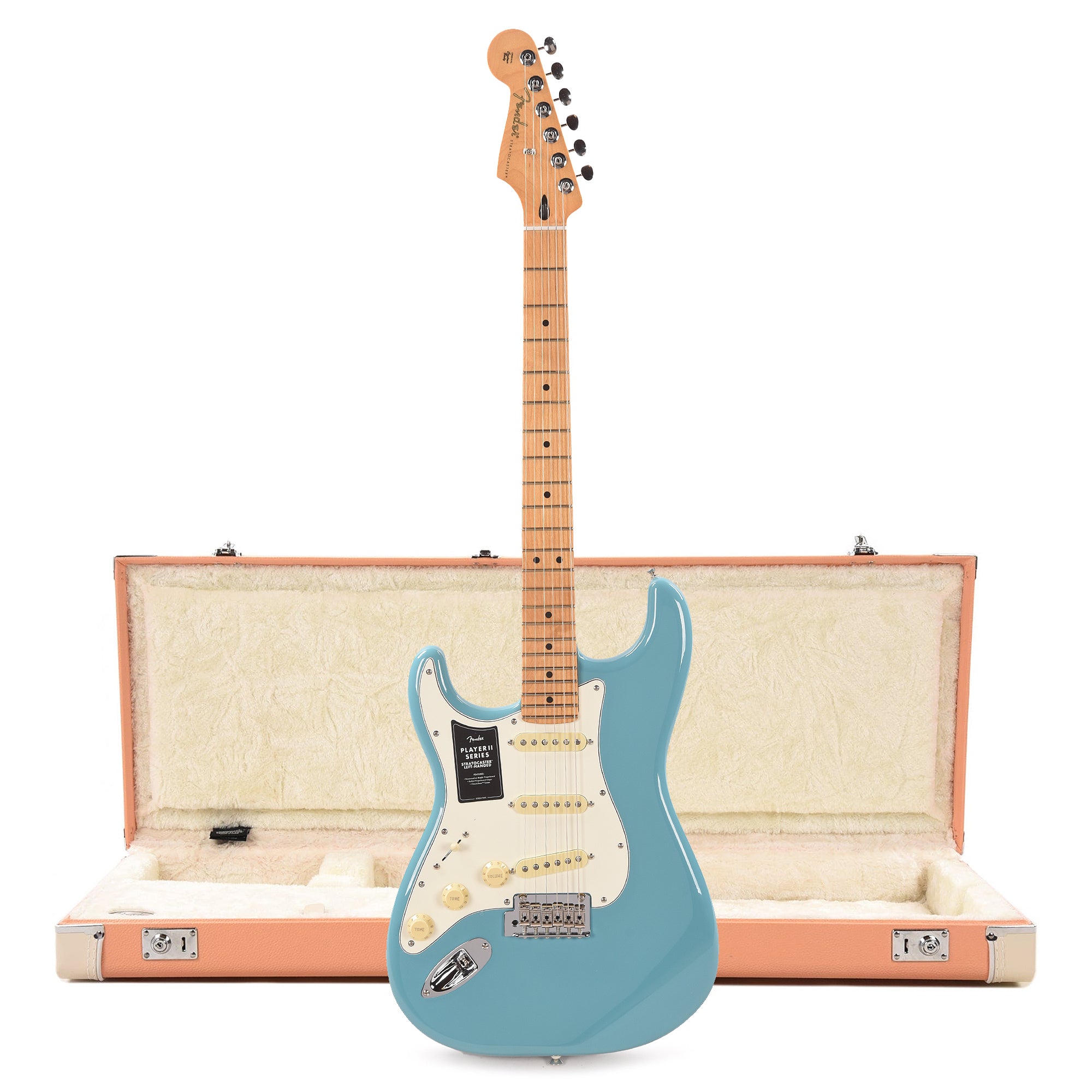 Fender Player II Stratocaster MN Aquatone Blue LEFTY and Pacific Peach Hardshell Case Bundle