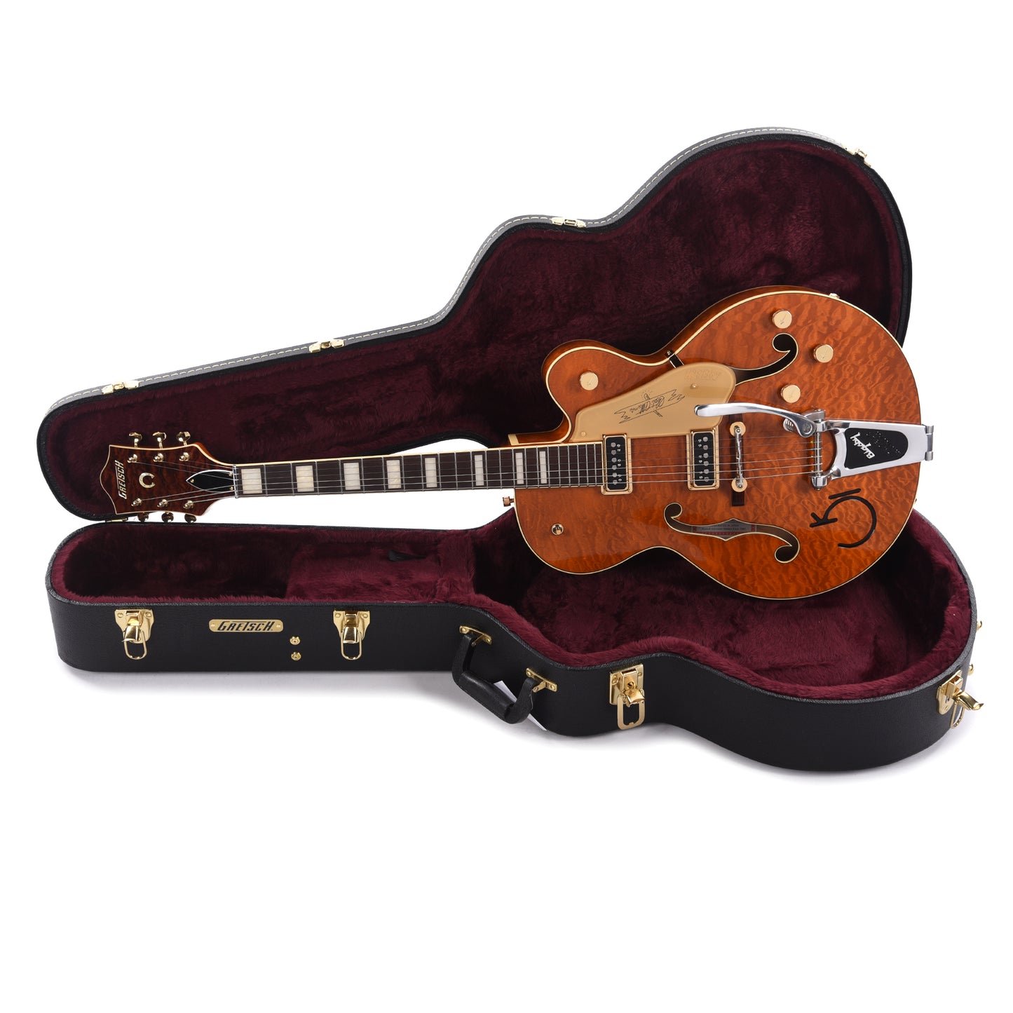 Gretsch G6120TGQM-56 Limited Edition Quilt Classic Chet Atkins Hollow Body with Bigsby Roundup Orange Stain Lacquer