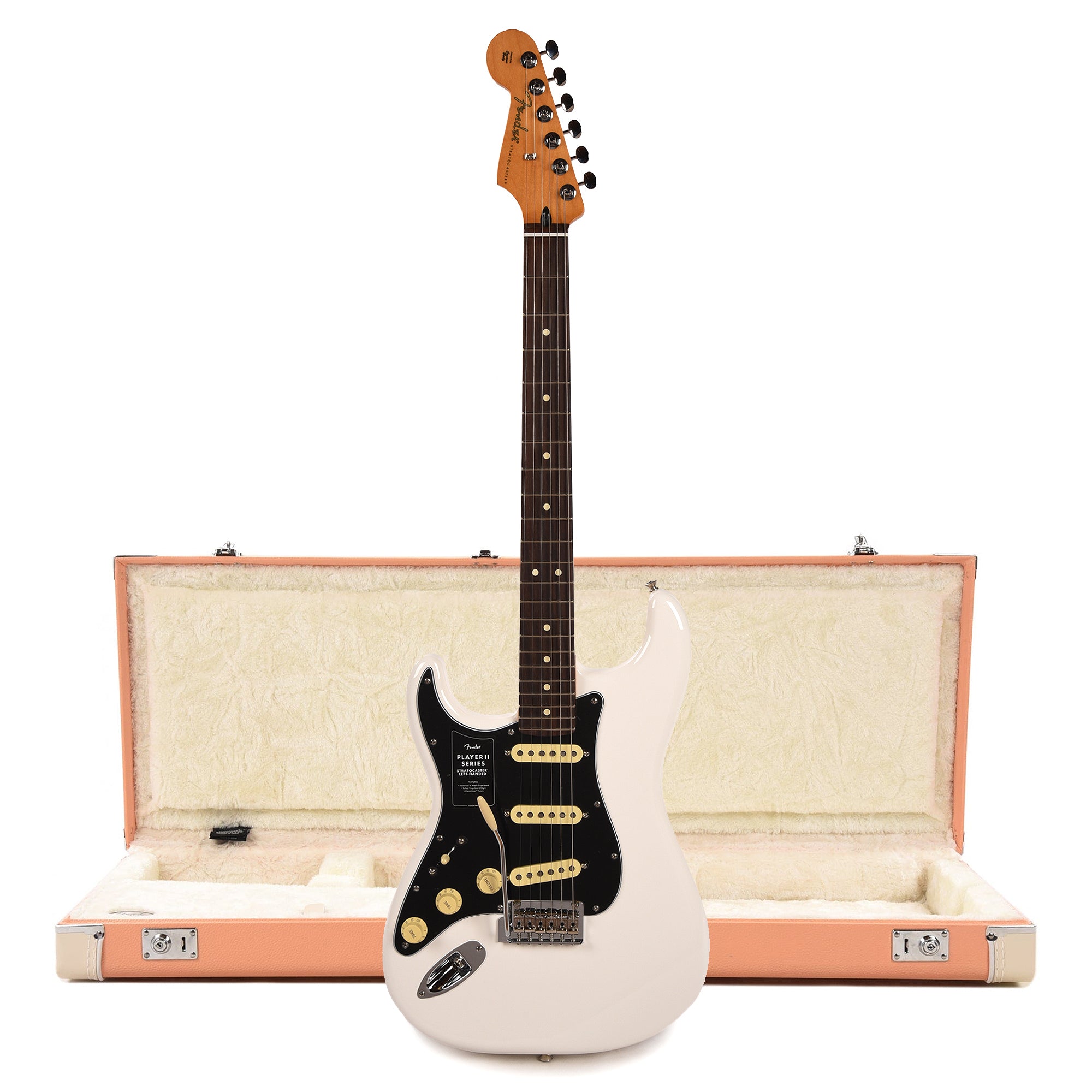 Fender Player II Stratocaster RW Polar White LEFTY and Pacific Peach Hardshell Case Bundle