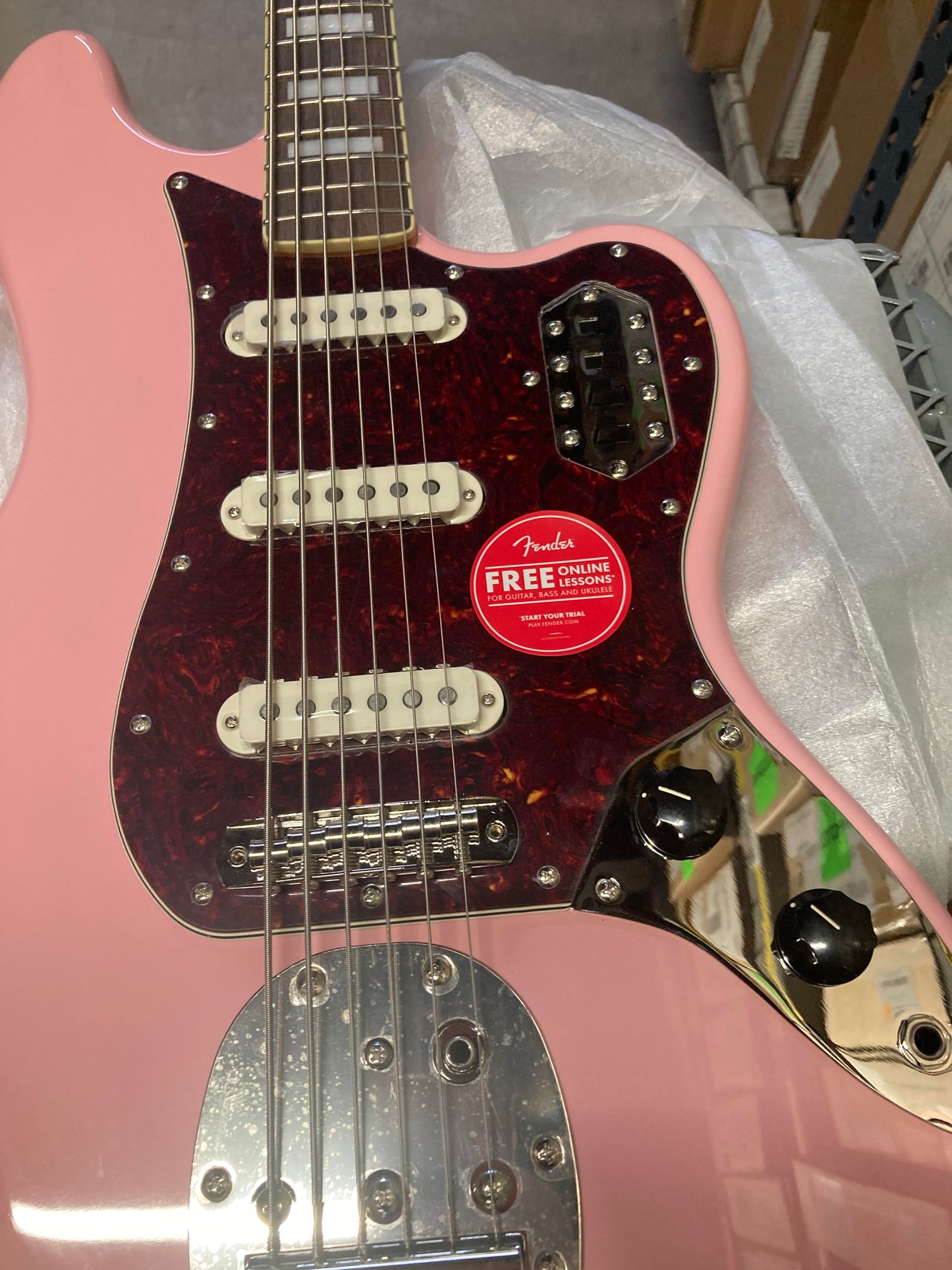 Squier Classic Vibe Bass VI Shell Pink w/Matching Headcap & 3-Ply Parchment Pickguard