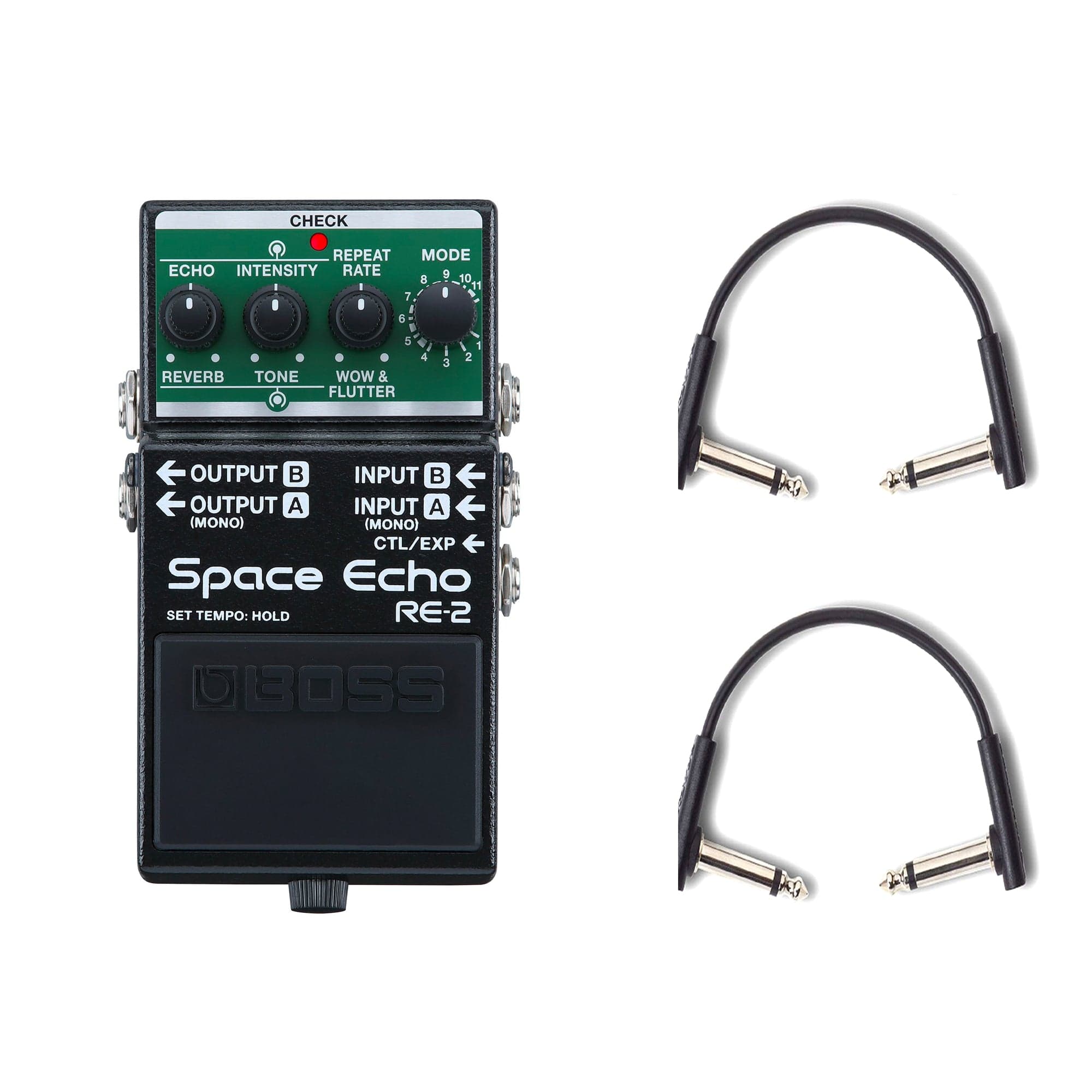 Boss RE-2 Space Echo Delay/Reverb Pedal w/(2) Rockboard Flat Patch Cables Bundle Effects and Pedals / Delay