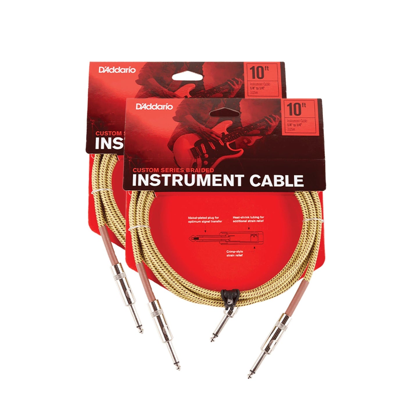 D'Addario Braided Tweed Instrument Cable 10' Straight-Straight 2 Pack Bundle Accessories / Cables