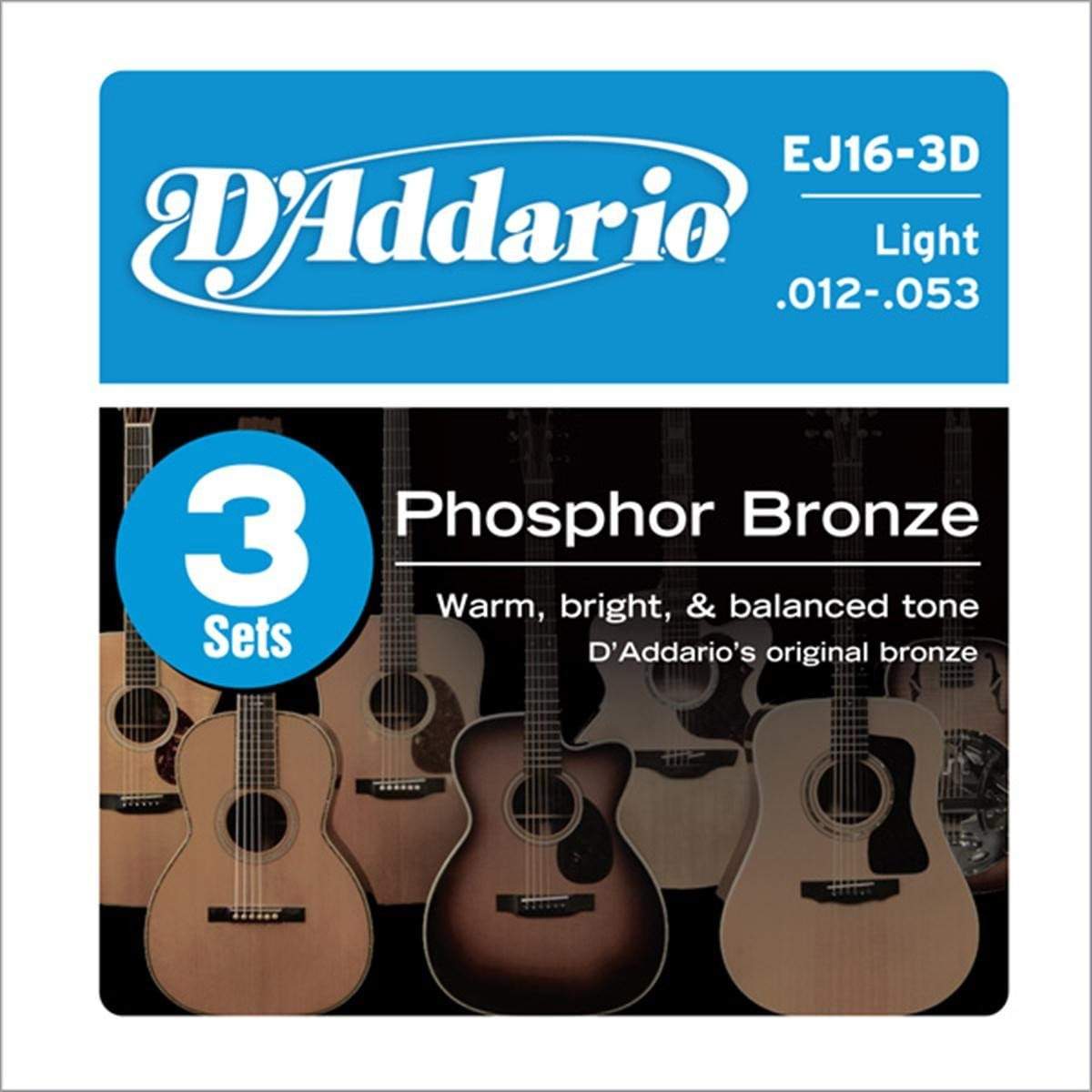 D'Addario EJ16-3D Acoustic Phosphor Bronze Light 12-53 3-Pack