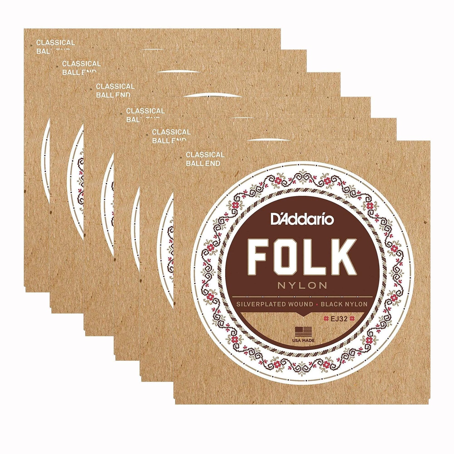 D'Addario EJ32 Folk Nylon Ball End Silver Wound Black Nylon Trebles 6 Pack Bundle Accessories / Strings / Guitar Strings