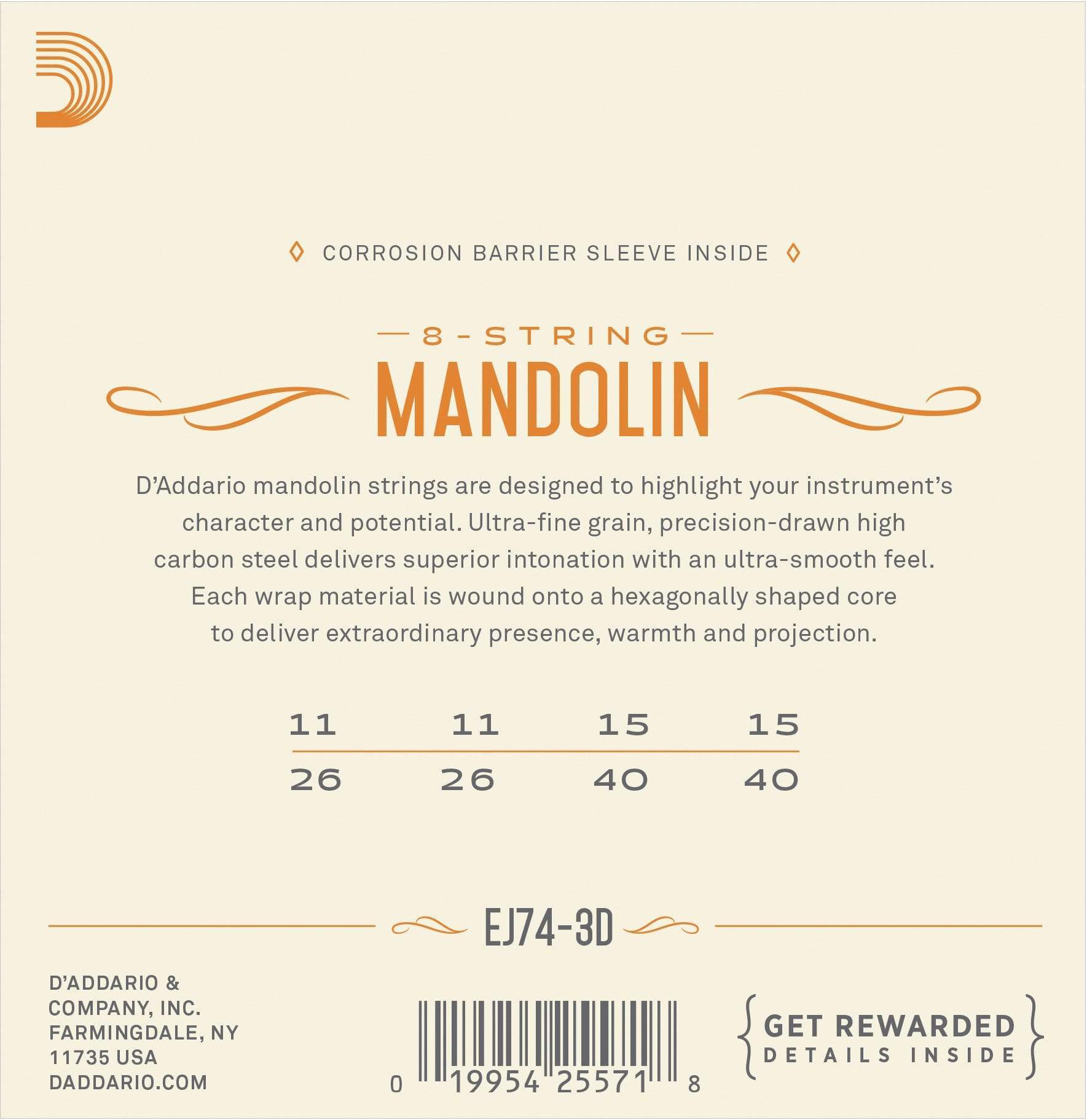 D'Addario EJ74-3D Mandolin Strings Phosphor Bronze 11-40 Medium 3-Pack Accessories / Strings / Guitar Strings