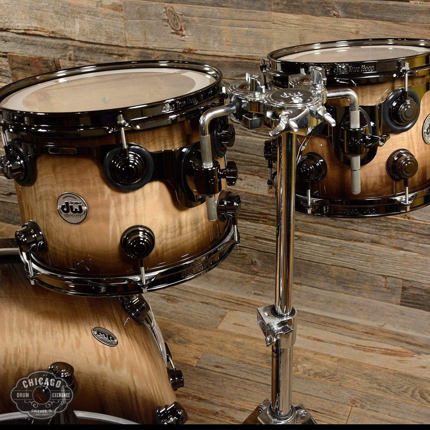 DW Collector's Series 10/12/14/16/22 5pc. Exotic Drum Kit Natural to Candy Black Burst Over Heartwood Curly Maple w/Black Nickel Hdw Drums and Percussion / Acoustic Drums / Full Acoustic Kits