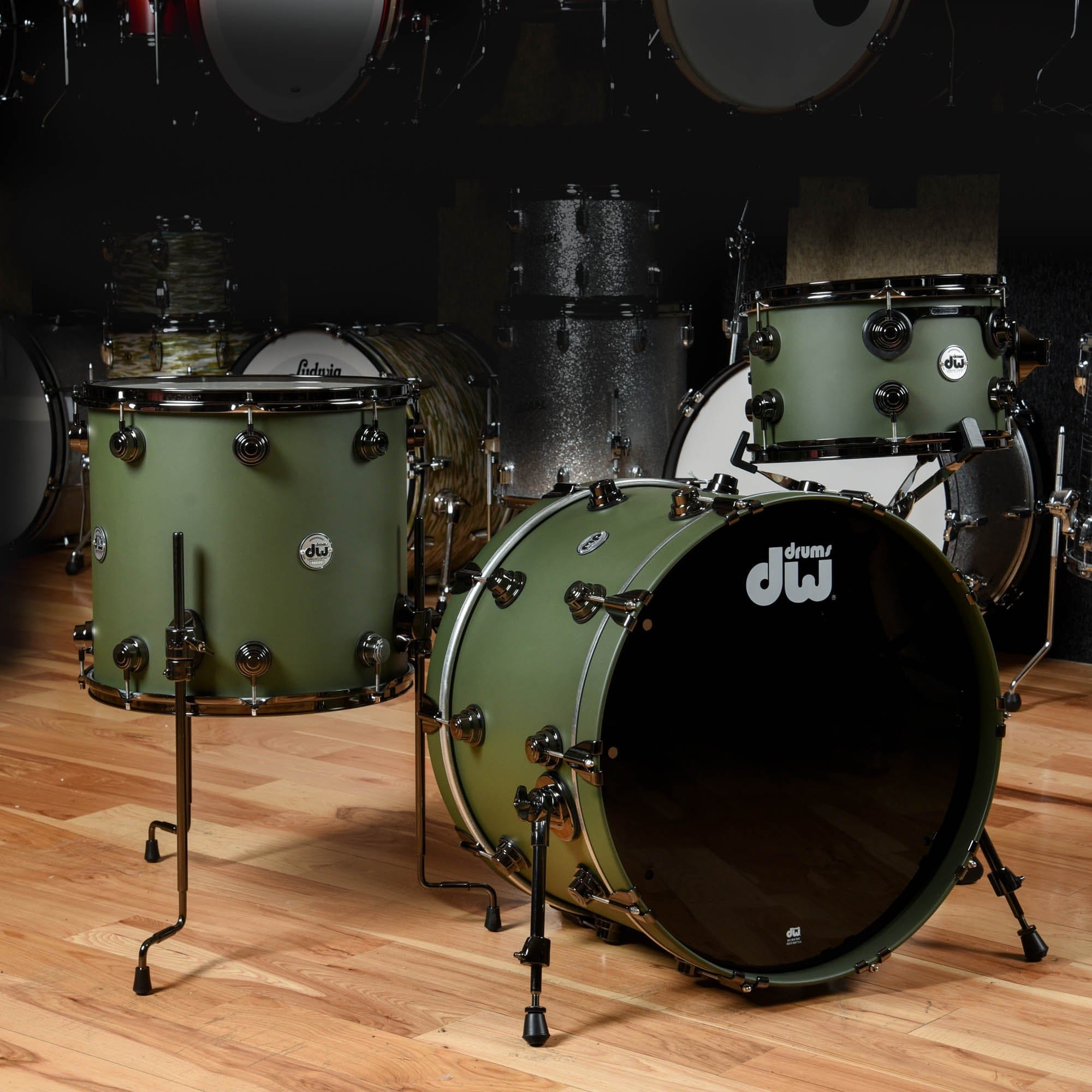 DW Collector's Series 13/16/22 3pc. Maple/Mahogany Drum Kit Solid Army Green Hard Satin w/Black Nickel Hdw Drums and Percussion / Acoustic Drums / Full Acoustic Kits