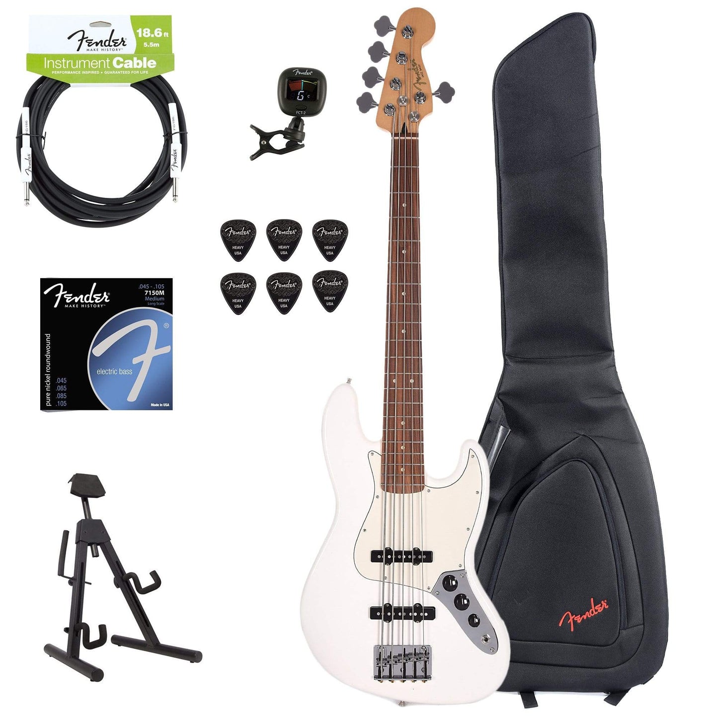 Fender Player Jazz Bass V 5-String Polar White Bundle w/Fender Gig Bag, Stand, Cable, Tuner, Picks and Strings Bass Guitars / 5-String or More