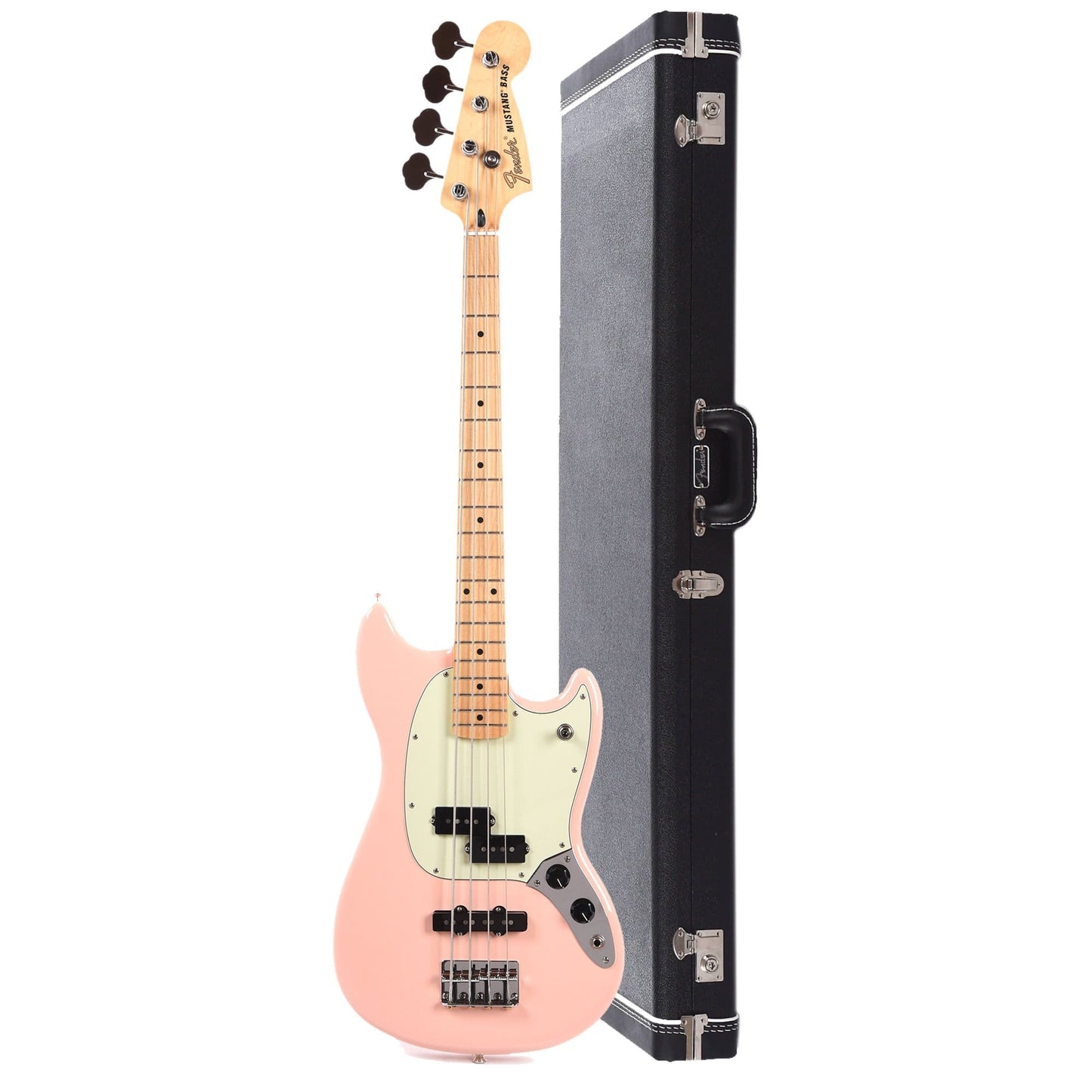 Fender Offset Series Mustang Bass PJ MN Shell Pink w/3-Ply Mint Pickguard and Fender Mustang Bass Case Bundle Bass Guitars / Short Scale