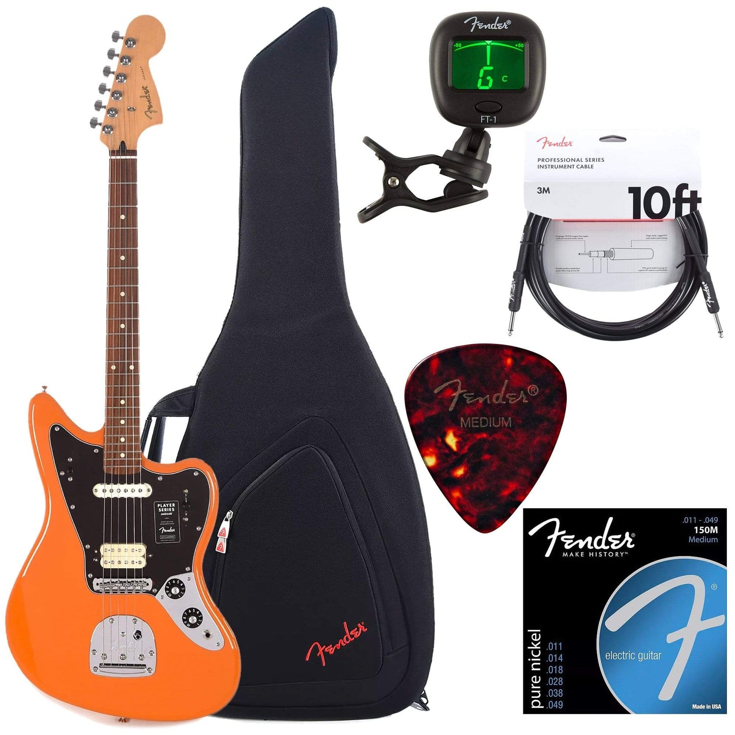 Fender Player Jaguar PF Capri Orange w/Gig Bag, Tuner, Cables, Picks and Strings Bundle Electric Guitars / Solid Body