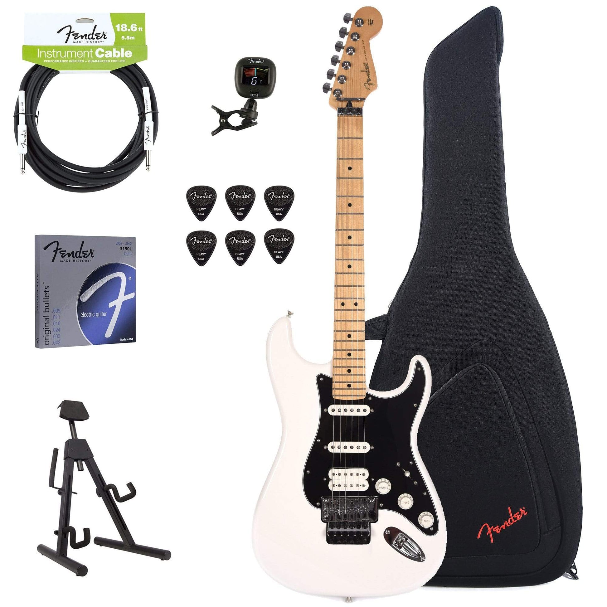 Fender Player Stratocaster Floyd Rose HSS Polar White Bundle w/Fender Gig Bag, Stand, Cable, Tuner, Picks and Strings Electric Guitars / Solid Body