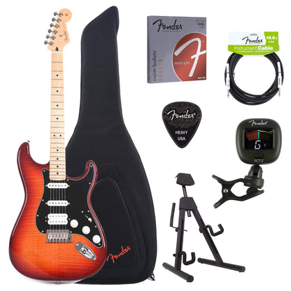 Fender Player Stratocaster HSS Plus Top Aged Cherry Burst Bundle w/Fender Gig Bag, Stand, Cable, Tuner, Picks and Strings Electric Guitars / Solid Body