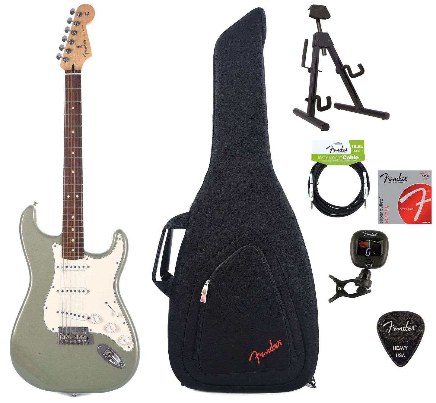 Fender Player Stratocaster PF Sage Green Metallic Bundle w/Fender Gig Bag, Stand, Cable, Tuner, Picks and Strings Electric Guitars / Solid Body