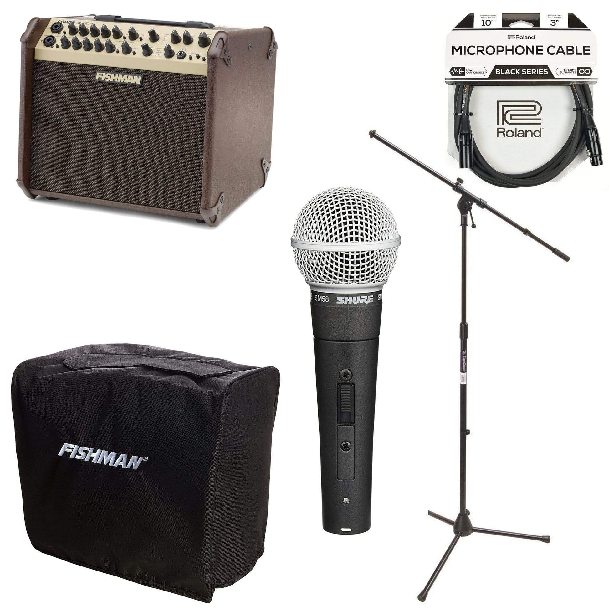 Fishman Loudbox Artist Acoustic Guitar Amplifier w/Fishman Slip Cover, Shure SM58S Mic, Euroboom Mic Stand and 10' Mic Cable Amps / Acoustic Amps