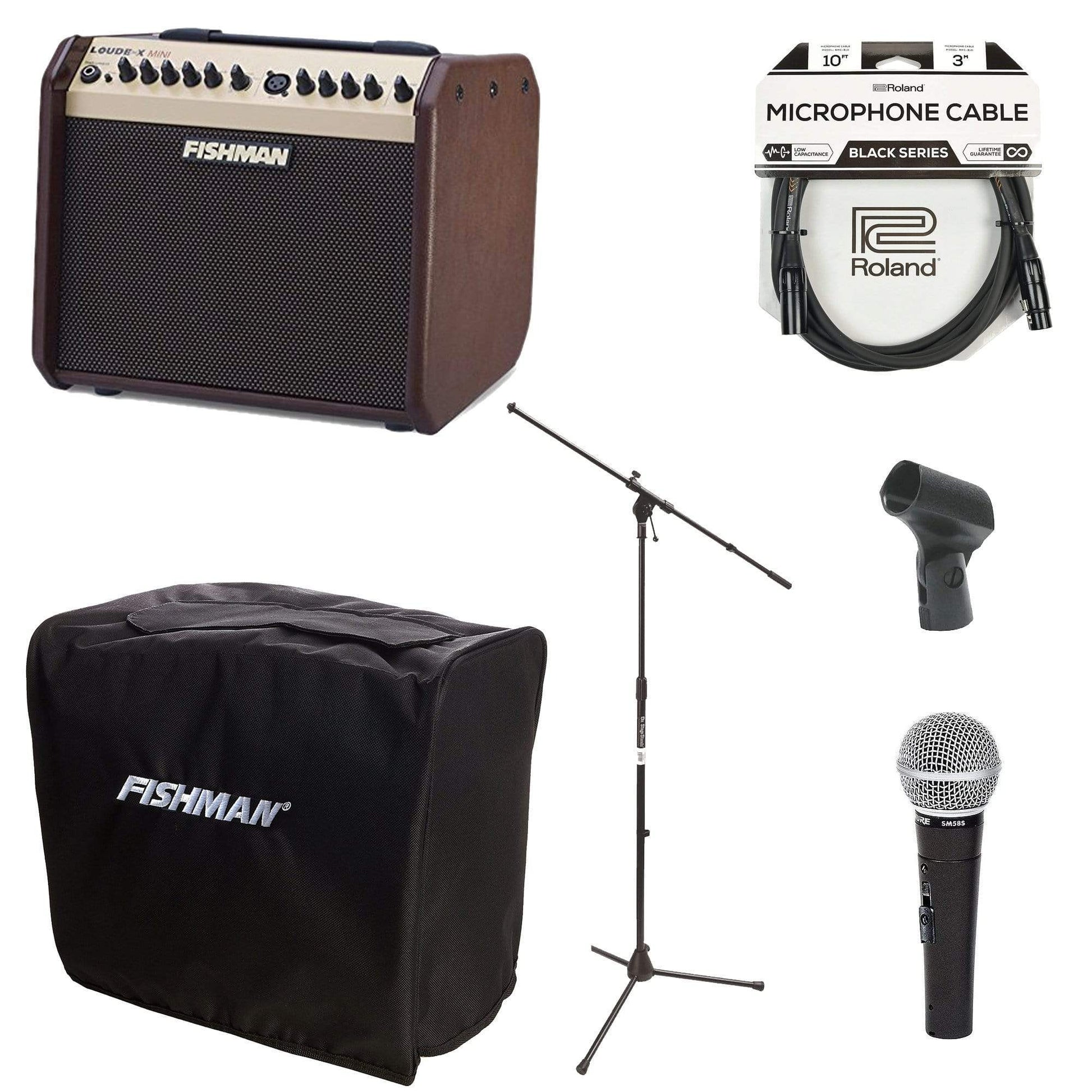 Fishman Loudbox Mini 60w Acoustic Guitar Amplifier w/Fishman Slip Cover, Shure SM58S Mic, Euroboom Mic Stand and 10' Mic Cable Amps / Acoustic Amps