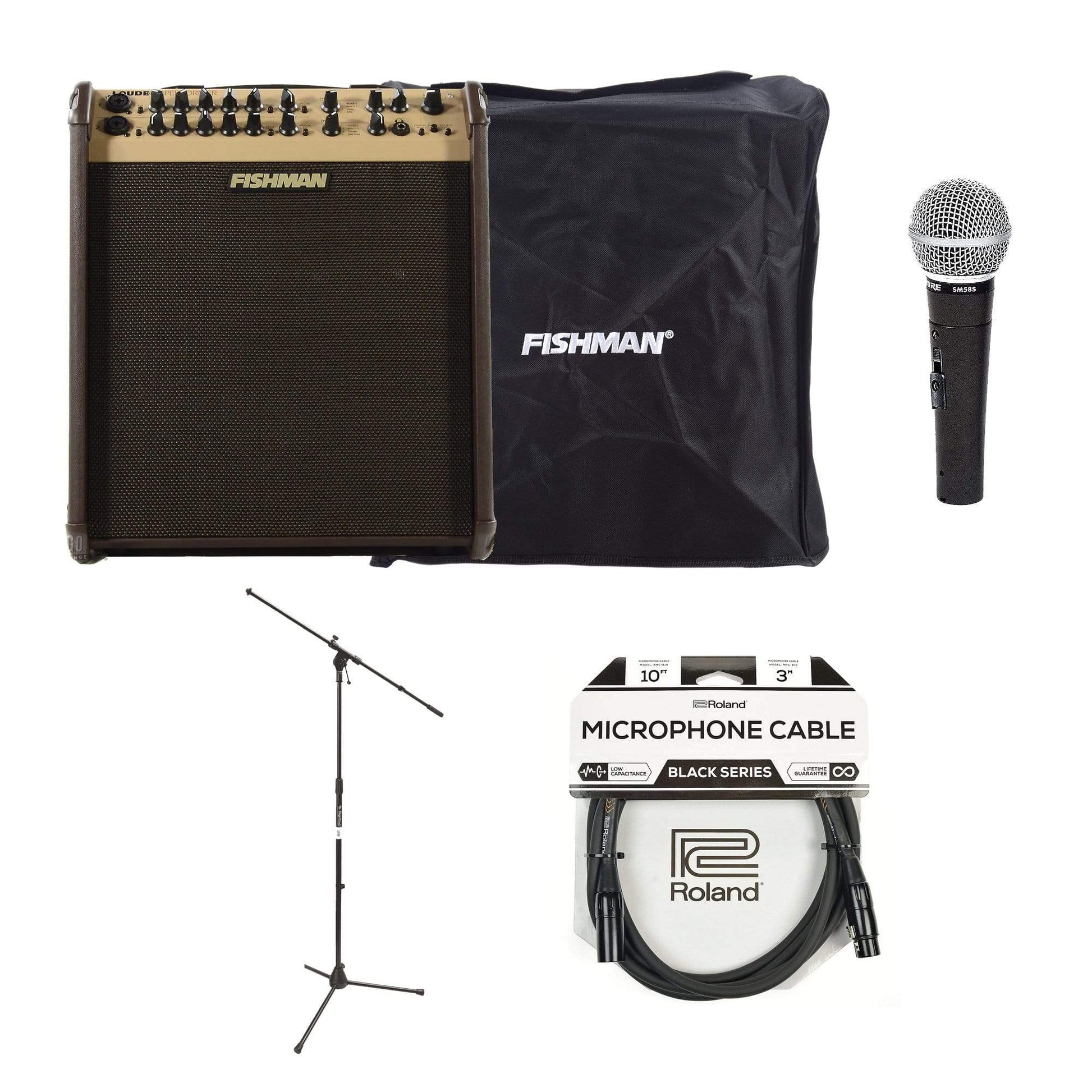 Fishman Loudbox Performer 180w Acoustic Guitar Amplifier w/Fishman Slip Cover, Shure SM58S Mic, Euroboom Mic Stand and 10' Mic Cable Amps / Acoustic Amps