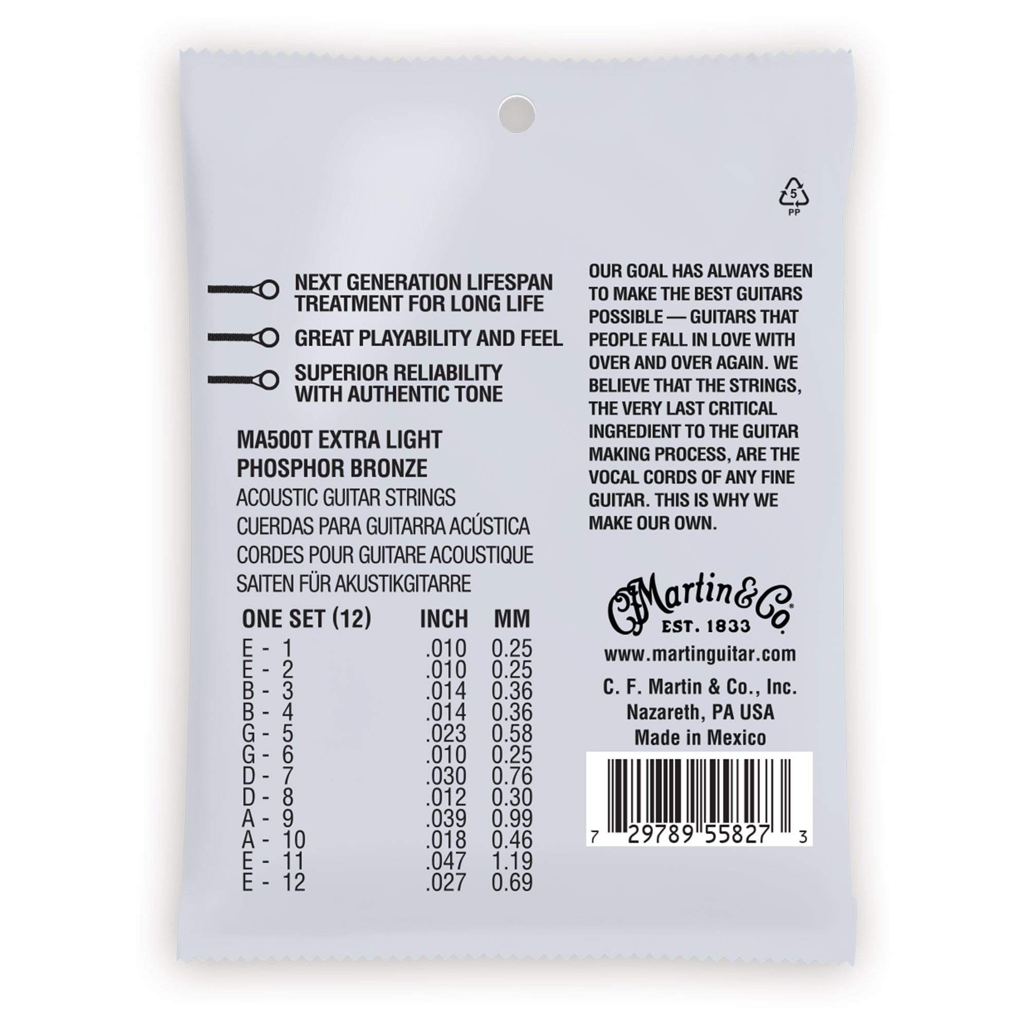 Martin MA500T Authentic Acoustic Lifespan 2.0 92/8 Phosphor Bronze Extra Light 12-String 10-47 Accessories / Strings / Guitar Strings