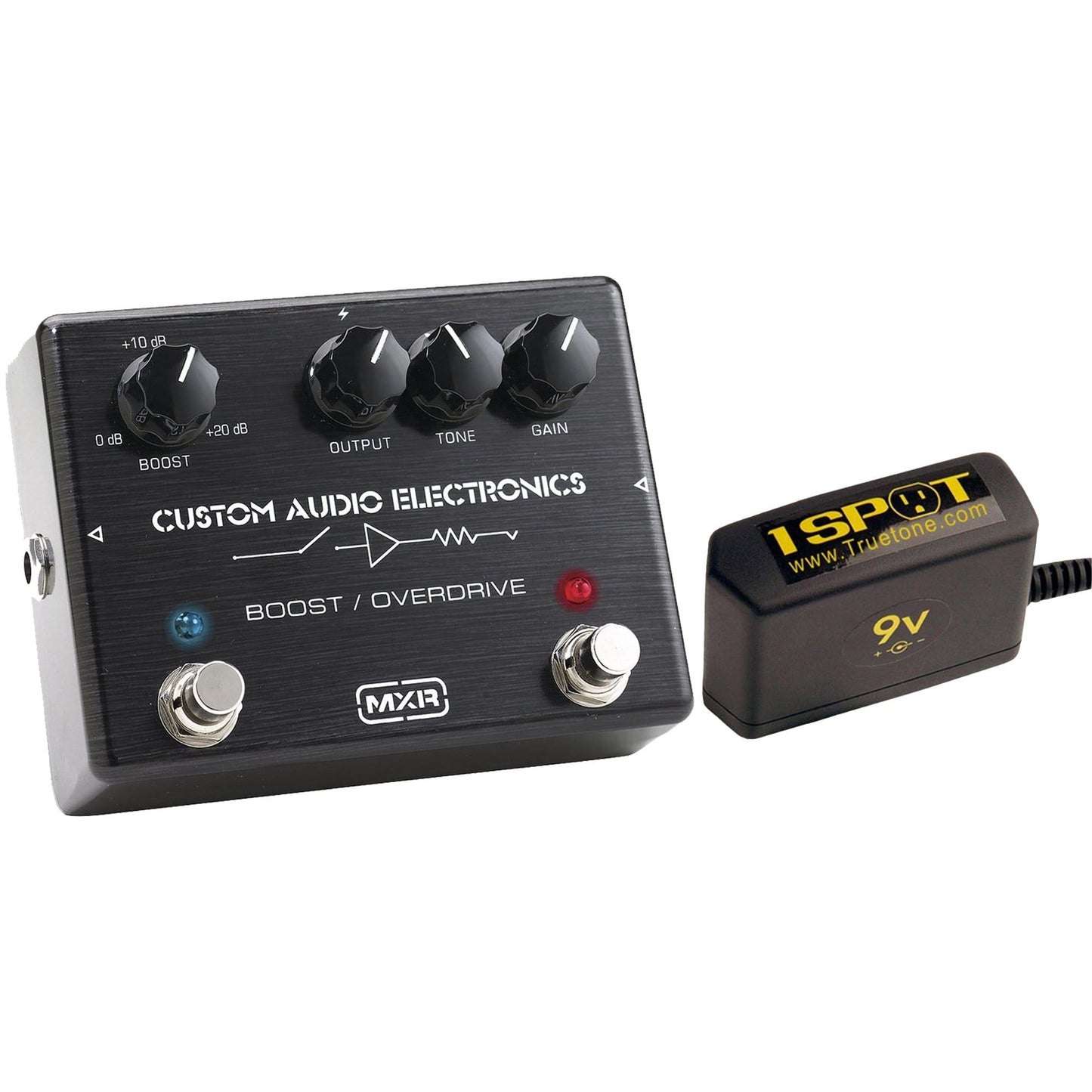 MXR Custom Audio Electronics MC-402 Boost Overdrive Bundle w/ Truetone 1 Spot Space Saving 9v Adapter Effects and Pedals / Overdrive and Boost