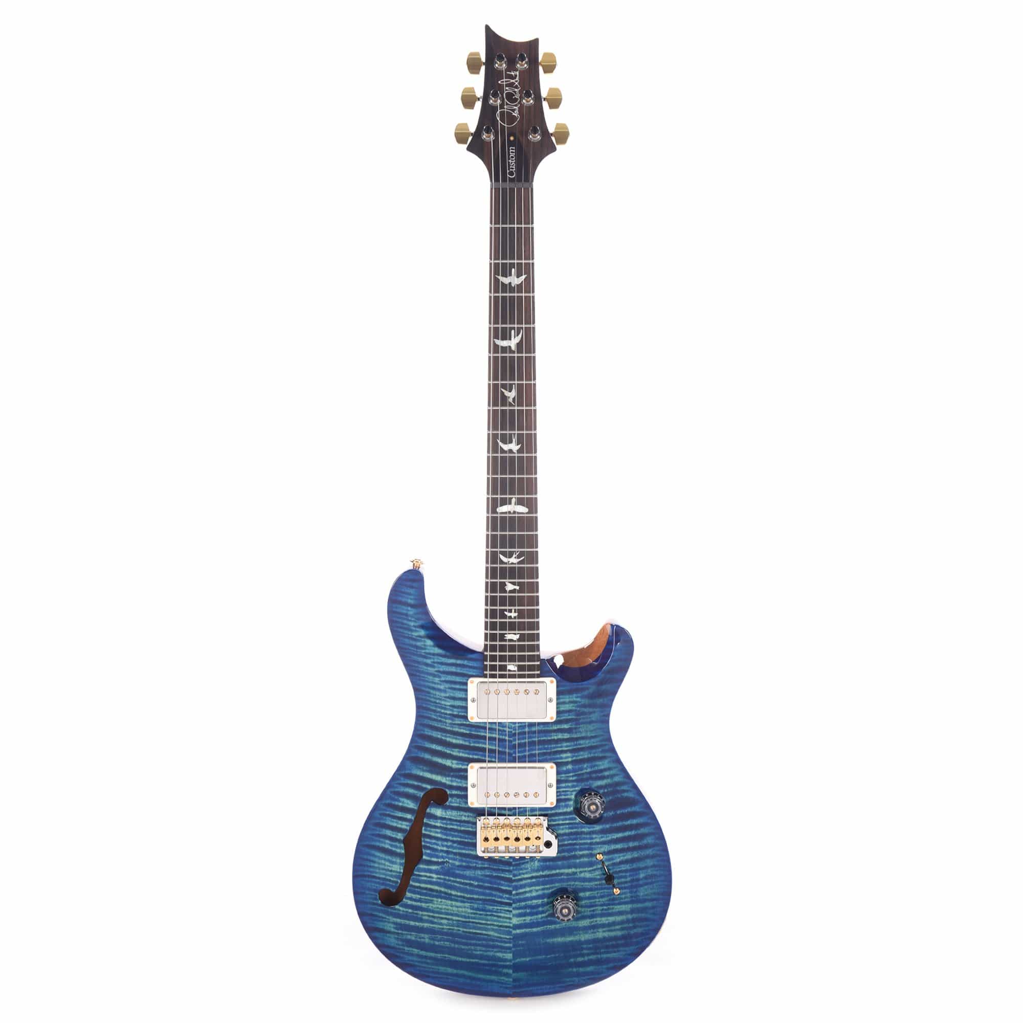 PRS Wood Library Custom 24 Semi-Hollow 10 Top Flame River Blue w/Blue Binding and Microburst, Torrefied Maple Neck & Brazilian Rosewood Fingerboard Electric Guitars / Solid Body