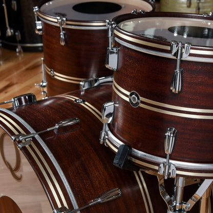 Q Drum Co. 13/16/24 3pc. Mahogany/Poplar/Mahogany Drum Kit Brown Satin w/Brushed Brass Inlays & Matching Wood Hoops Drums and Percussion / Acoustic Drums / Full Acoustic Kits