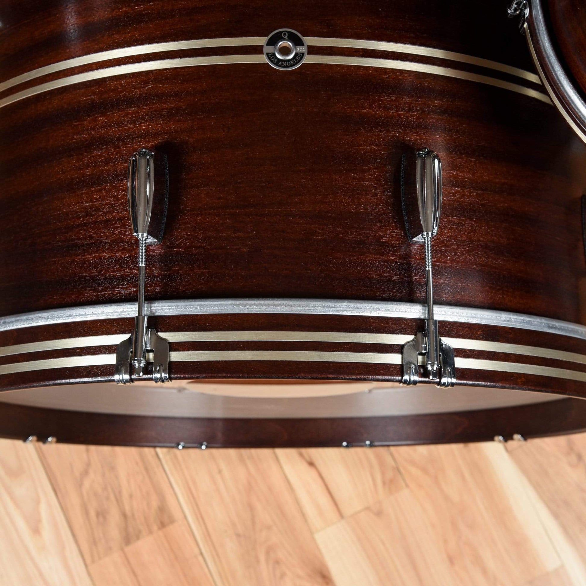 Q Drum Co. 13/16/24 3pc. Mahogany/Poplar/Mahogany Drum Kit Brown Satin w/Brushed Brass Inlays & Matching Wood Hoops Drums and Percussion / Acoustic Drums / Full Acoustic Kits