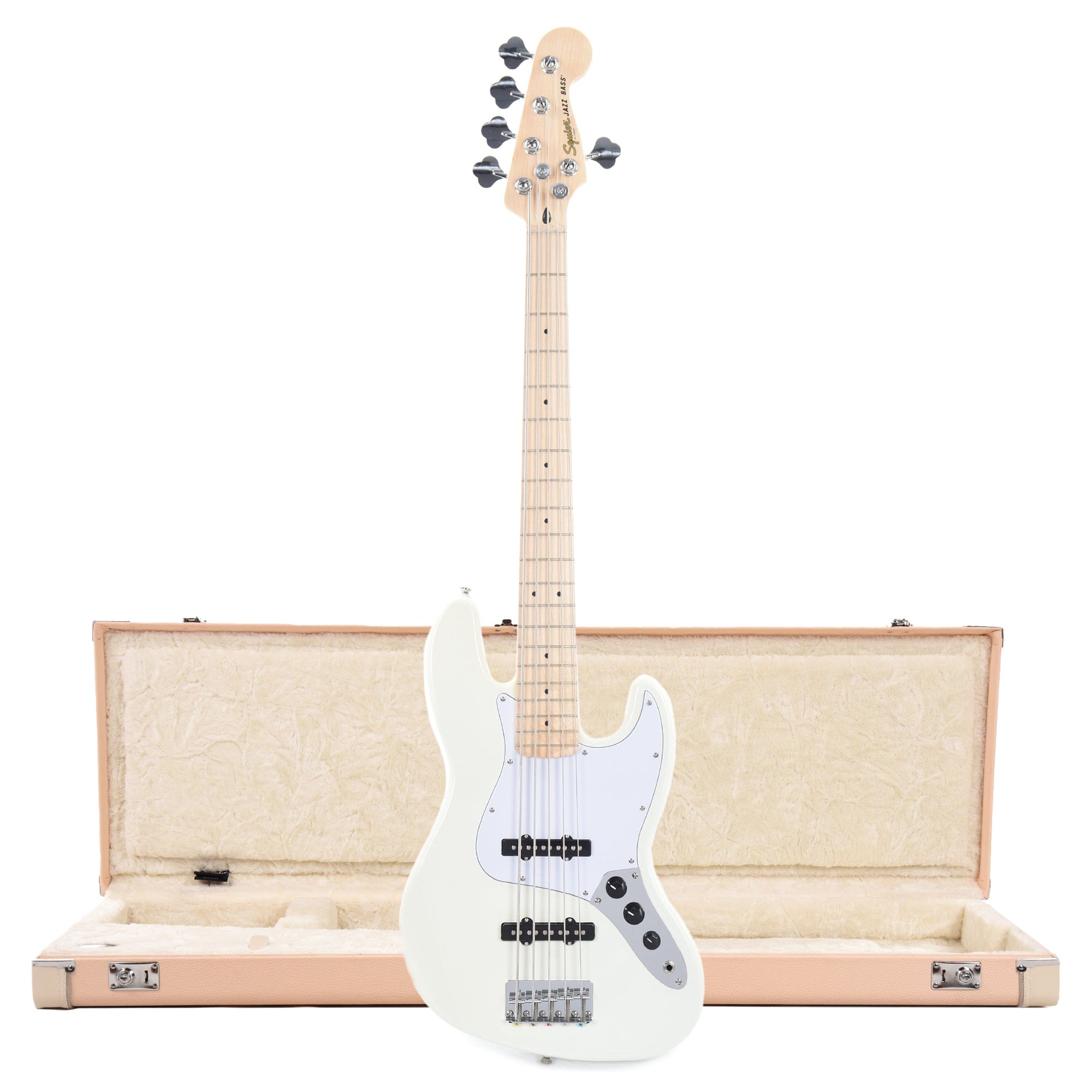 Squier Affinity Jazz Bass V Olympic White and Hardshell Case Jazz Bass/Precision Bass Shell Pink w/Cream Interior Bass Guitars / 5-String or More