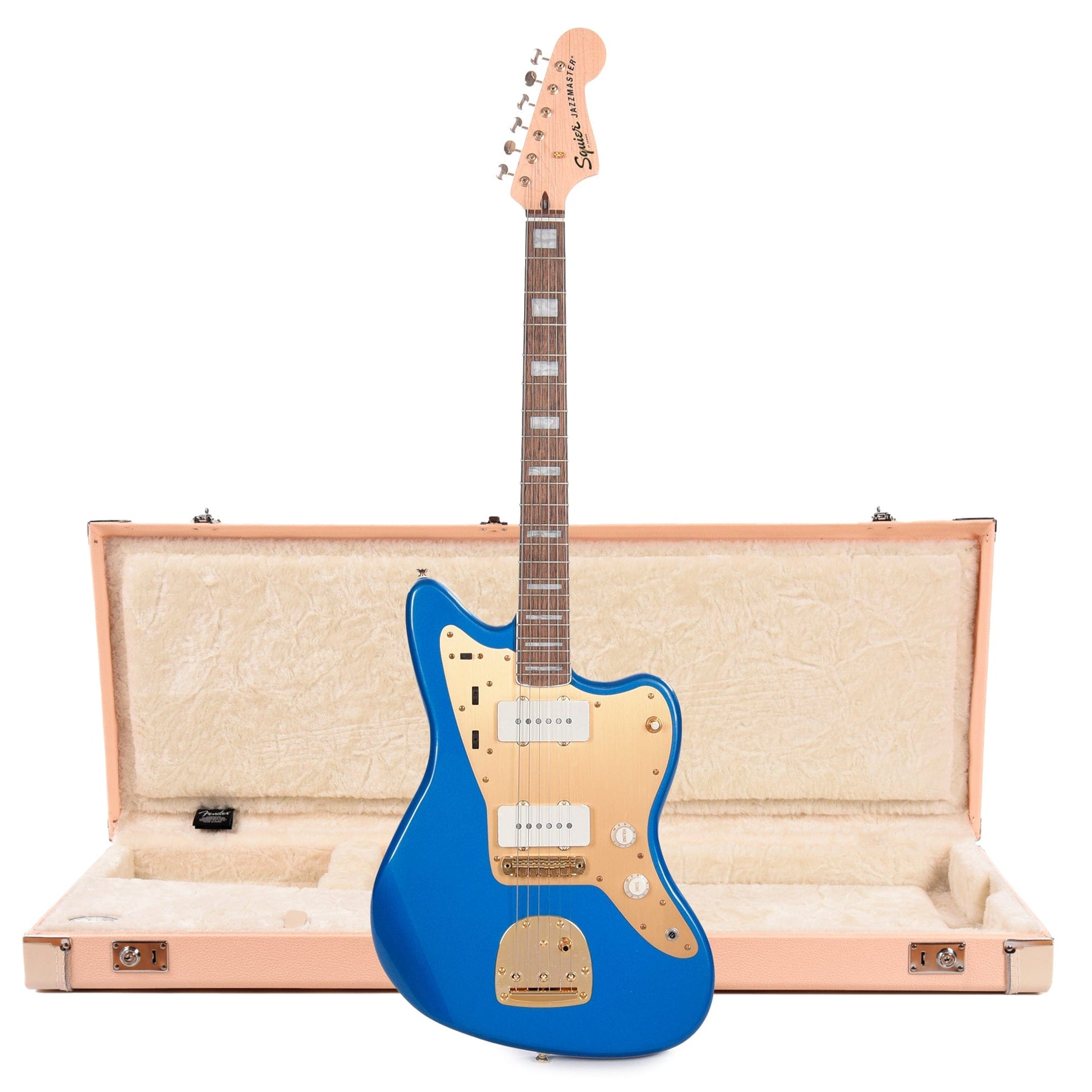 Squier 40th Anniversary Gold Edition Jazzmaster LRL Lake Placid Blue w/Gold Anodized Pickguard and Hardshell Case Jazzmaster/Jaguar Shell Pink w/Cream Interior (CME Exclusive) Electric Guitars / Solid Body