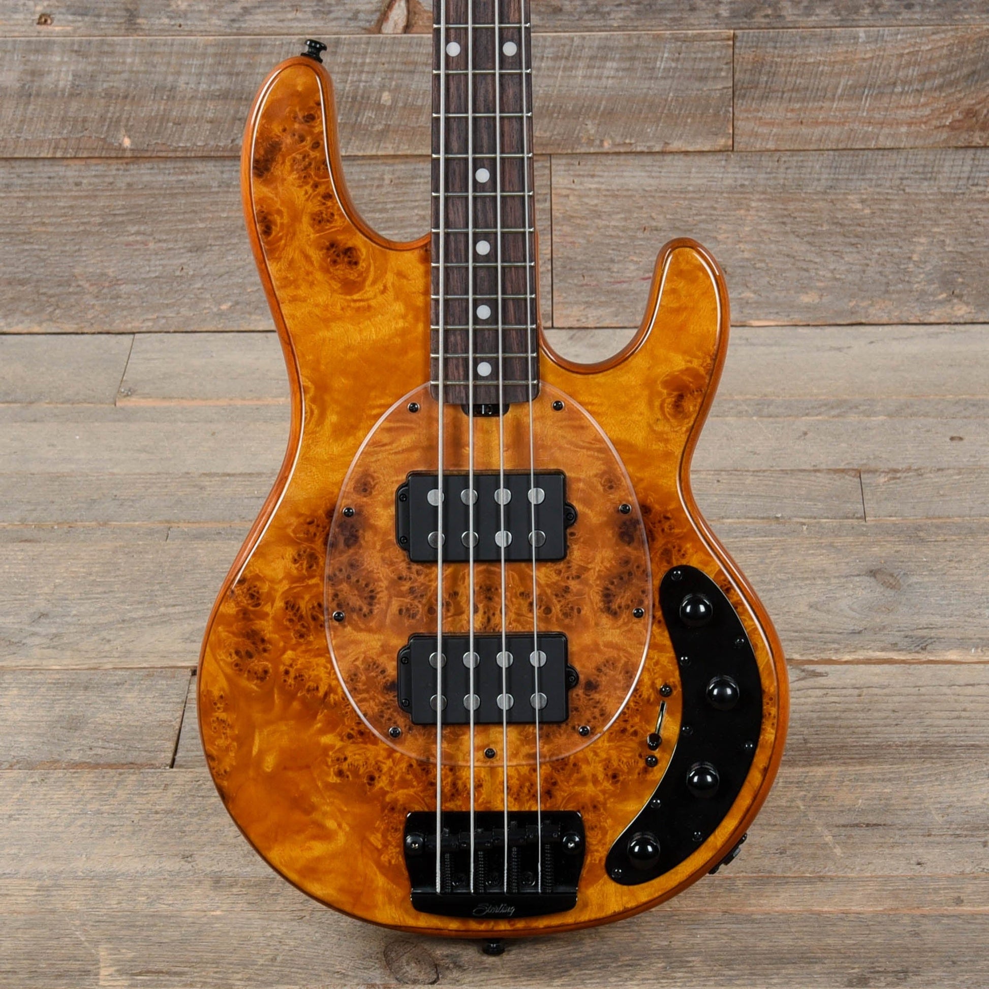 Sterling by Music Man StingRay RAY34 HH Poplar Burl Amber Bass Guitars / 4-String