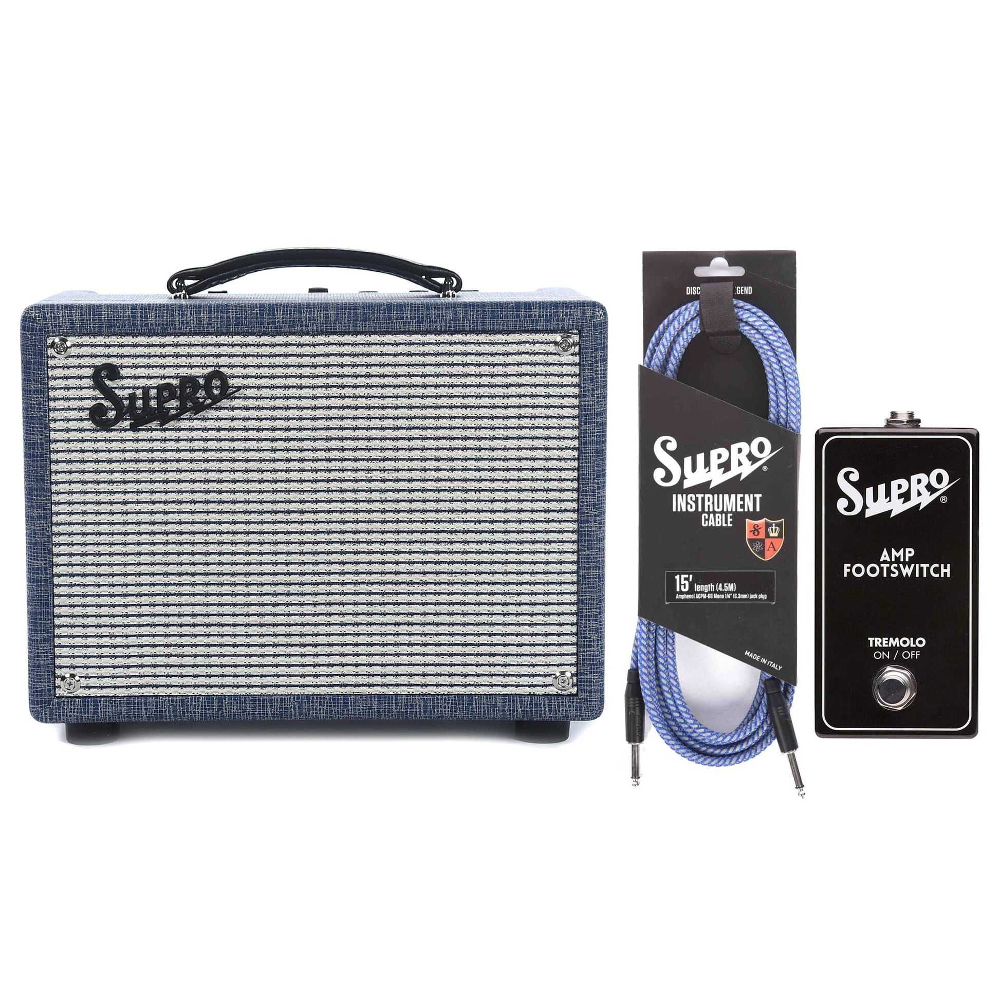 Supro 1605R Reverb 5w 1x8 Combo Bundle w/ Supro Tremolo Single Footswitch and 15' Instrument Cable Amps / Guitar Combos