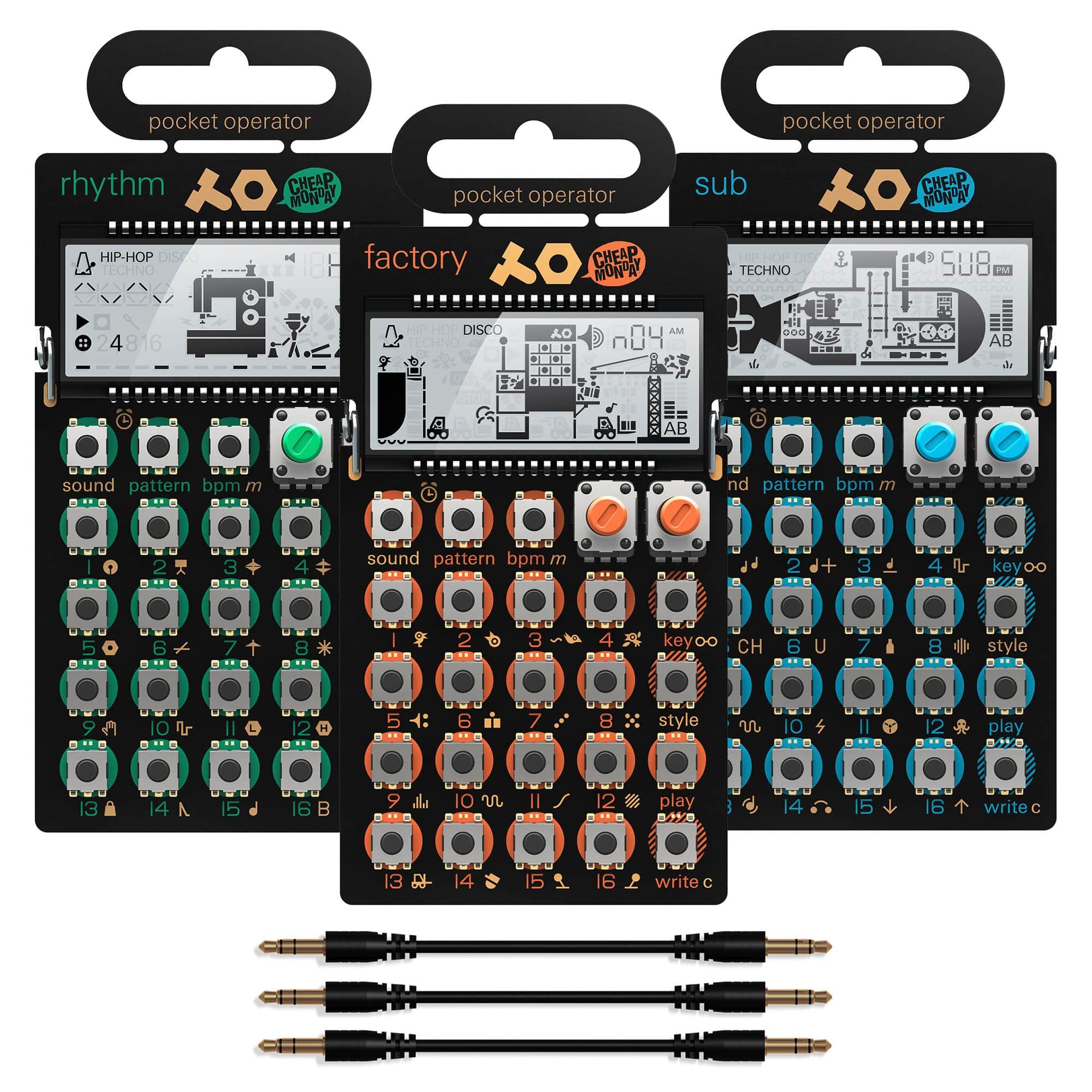 Teenage Engineering Pocket Operator PO-12 Rhythm, PO-14 Sub, PO-16 Factory and Sync Cables Essentials Bundle Keyboards and Synths / Synths / Digital Synths